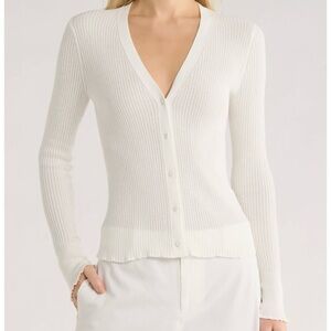 Vince White Ribbed Knit Cardigan – V-Neck Button Front Slim Fit – Size S
